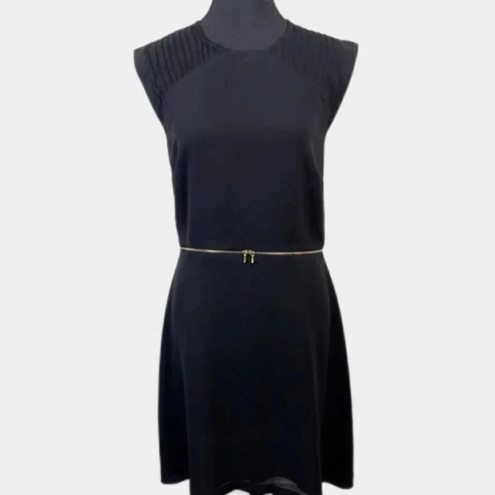 Sandro Paris Fit And Flare Gold Tone Waist Chiffon Black  Dress - Picture 2 of 16